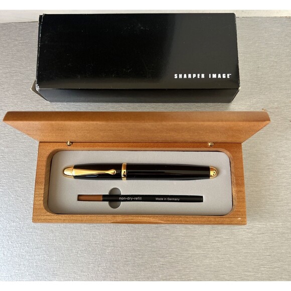 The Sharper Image Black Torpedo Rollerball Pen DA 260 In Wooden Gift Box NEW - Picture 2 of 8